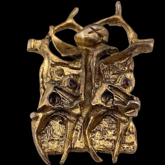 Vintage Modernist Israel Designer Igael Tumarkin Brutalist Gold Wash Tone Brooch - Picture 3 of 10